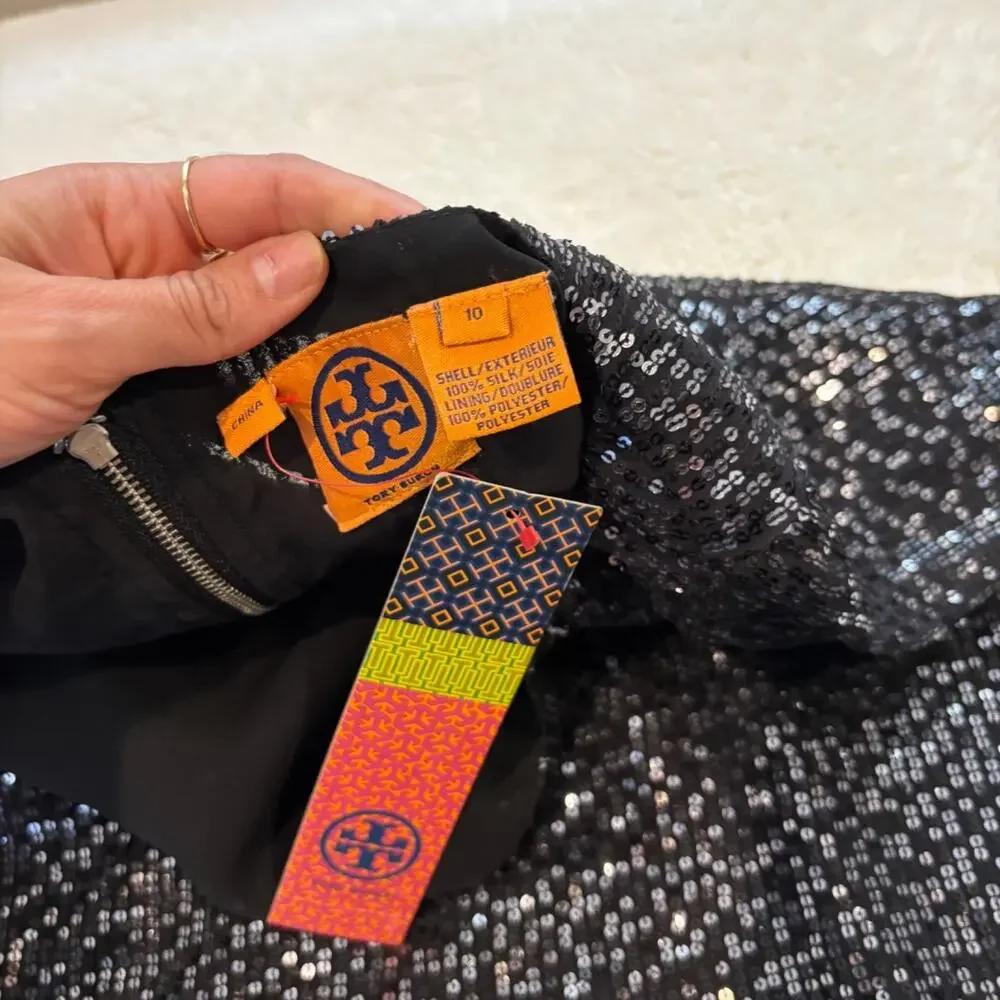 Tory Burch Women Silk Blk Sequined Monique Tunic 10 Preppy Night Gala Going Out